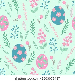 Cute cartoon Easter seamless pattern with decorative Easter eggs on a green background. Vector illustration