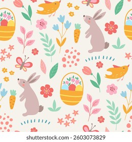 Cute cartoon Easter seamless pattern with Easter bunny, basket and eggs. Vector background