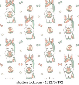 cute cartoon easter unicorn with egg holiday seamless vector pattern background illustration 