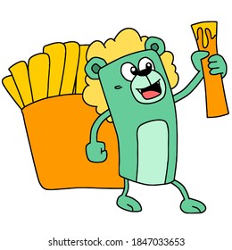 cute cartoon eating a large portion of french fries. cartoon illustration sticker mascot emoticon