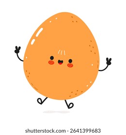 A cute, cartoon egg character with arms and legs, giving the peace sign and smiling cheerfully.
