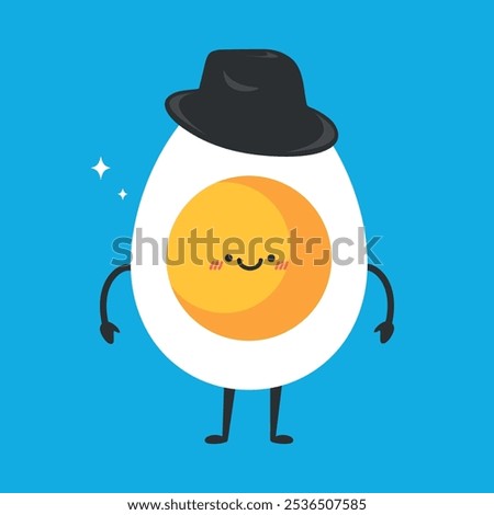 Cute cartoon egg character in hat. Funny egg mascot. Vector illustration