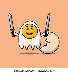 Cute cartoon egg character holding two sword in 3d modern design