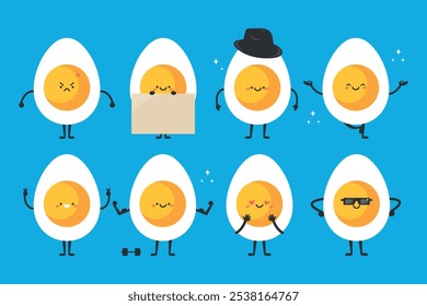 Conjunto de personagens de ovos de desenho animado bonito. Coleção de mascotes de ovos engraçados. Ilustração vetorial