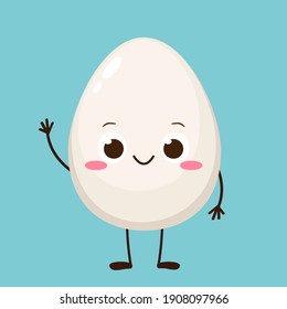 Cute cartoon egg charactercter. Funny happy egg emoji in flat style. Healthy organic food vector illustration