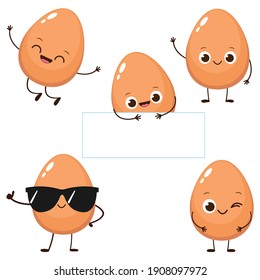 Cute cartoon egg charactercter. Funny happy egg emoji in flat style. Healthy organic food vector illustration