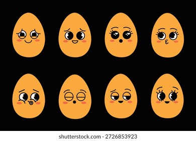 Cute cartoon egg characters with expressive faces and emotions. Playful kawaii style illustration set for stickers, Easter cards, kids designs and social media.