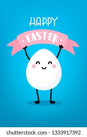 Cute cartoon egg with pink ribbon on blue background. Happy Easter card. Vector.