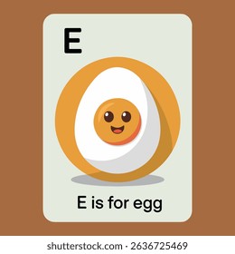 A cute cartoon egg representing the letter E in an alphabet chart for kids