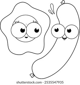 Cute cartoon egg and sausage characters. Breakfast characters, fried egg and sausages. Vector black and white coloring page.