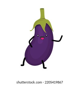Cute cartoon eggplant, aubergine icon, symbol isolated on white background. Vegetable, fruit character vector illustration