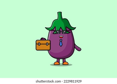 Cute cartoon Eggplant businessman character holding suitcase illustration