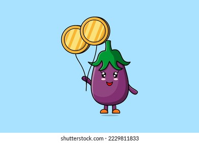 Cute cartoon Eggplant businessman floating with gold coin balloon cartoon vector illustration