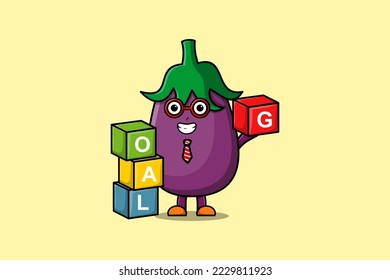 Cute cartoon Eggplant businessman stacking goal box in flat modern style design