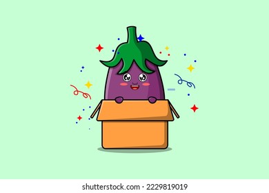 Cute cartoon Eggplant character coming out from box in flat style cartoon vector icon illustration