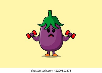 Cute cartoon Eggplant character is fitness with barbell in modern style design