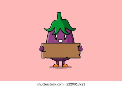 Cute cartoon Eggplant character holding blank wooden text board vector icon illustration