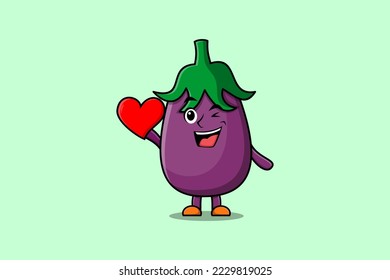 Cute cartoon Eggplant character holding big red heart in modern style design illustration
