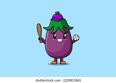 Cute cartoon Eggplant character playing baseball in modern style design