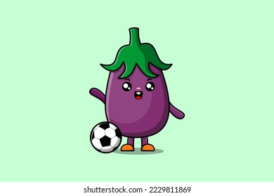 Cute cartoon Eggplant character playing football in flat cartoon style illustration