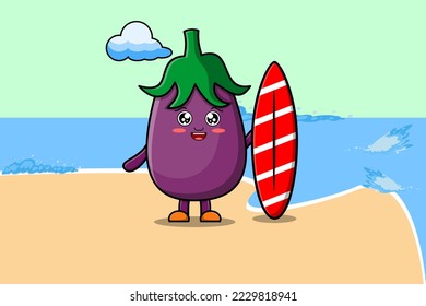 Cute cartoon Eggplant character playing surfing with surfing board