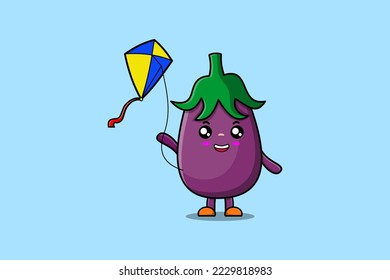 Cute cartoon Eggplant character playing kite flaying cartoon icon vector illustration