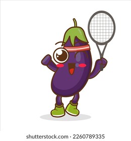 Cute cartoon Eggplant character playing tennis