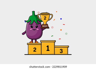 Cute cartoon Eggplant character as the second winner with happy expression in modern illustration