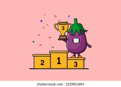Cute Cartoon Eggplant Charakter als dritter Gewinner mit glücklichem Ausdruck in der modernen Illustration