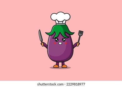 Cute cartoon Eggplant chef character holding knife and fork in flat cartoon style illustration