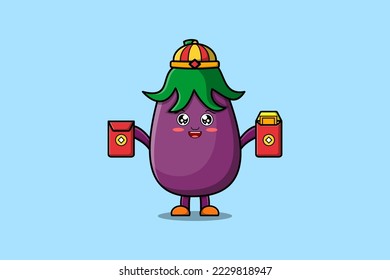 Cute cartoon Eggplant chinese character holding red packets vector icon illustration