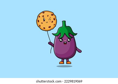 Cute cartoon Eggplant floating with biscuits balloon in flat cartoon vector icon illustration