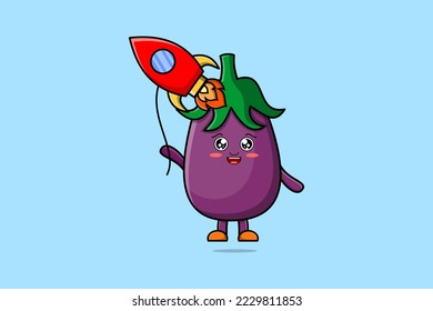 Dibujo lindo Eggplant flotando con globo de cohetes ilustración vectorial