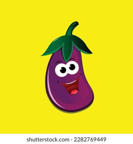 Cute cartoon eggplant. Cartoon fruit character set. Funny emoticon in flat style. Food emoji vector illustration