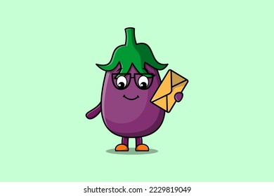 Cute cartoon Eggplant holding envelope with cartoon vector illustration style