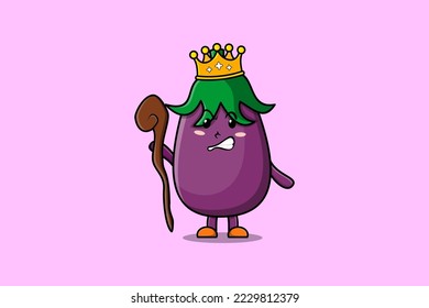 Cute cartoon Eggplant mascot as wise king with golden crown and wooden stick illustration