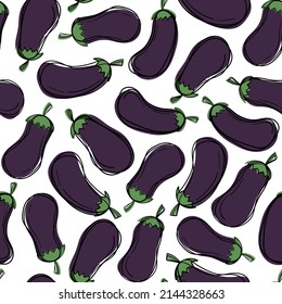 Cute cartoon eggplant seamless pattern. Bright outline and rich colors.