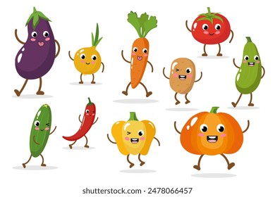 Lindo dibujo animado berenjena, tomate, cebolla, calabaza, zanahoria, papa, calabacín, pepino, pimienta. Conjunto de personajes vegetales de dibujos animados con emociones. Emoticono divertido en estilo plano con ojos kawaii en la espalda blanca