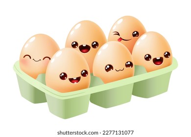 cute cartoon eggs in paper box on white background. set of eggs with funny emotion. food concept. isolated vector illustration.