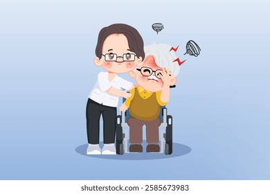 Cute cartoon elderly man sits in her wheelchair, her face etched with the pain of a headache. A compassionate nurse stands attentively by side.