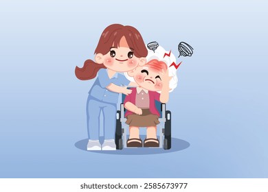 Cute cartoon elderly woman sits in her wheelchair, her face etched with the pain of a headache. A compassionate nurse stands attentively by side.