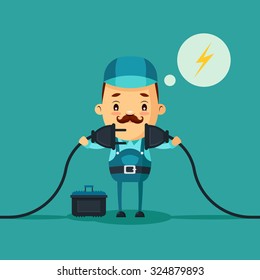 Cute Cartoon Electrician Connecting A Power Cord. Vector Illustration