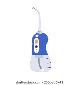 Cute cartoon electronic oral and gum irrigator for dental hygiene and mouth care. Hand drawn tooth and cavity home healthcare clipart. Funny childish illustration of water flosser isolated on white.