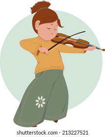 Cute cartoon elementary school girl playing violin, vector illustration, no transparencies 