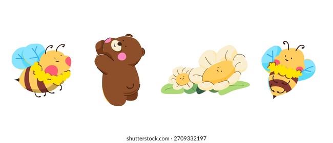 Cute cartoon elements, bear, flower, bee. white background vector art and illustration.