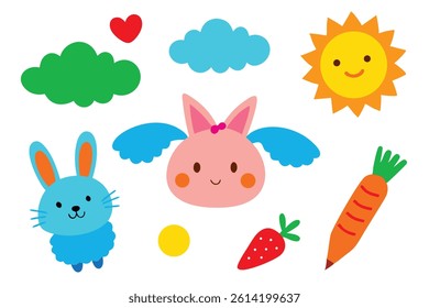 Cute cartoon elements including rabbit, heart, cloud, sun, and carrot. Playful and vibrant design perfect for children's themes on white background.