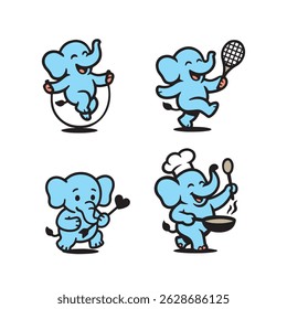 Cute Cartoon Elephant Activities Set, Cooking, Sports, Love Arrow