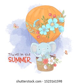 Cute cartoon elephant in a balloon with flowers. Vector illustration