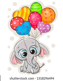 Cute cartoon elephant with balloons on white background