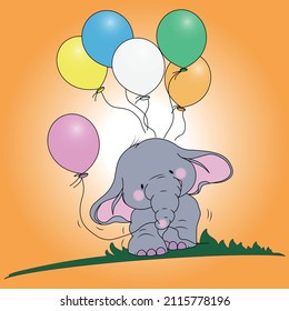 Cute Cartoon Elephant with Balloons on the Grass. Vector colorful illustration on summer gradient background.